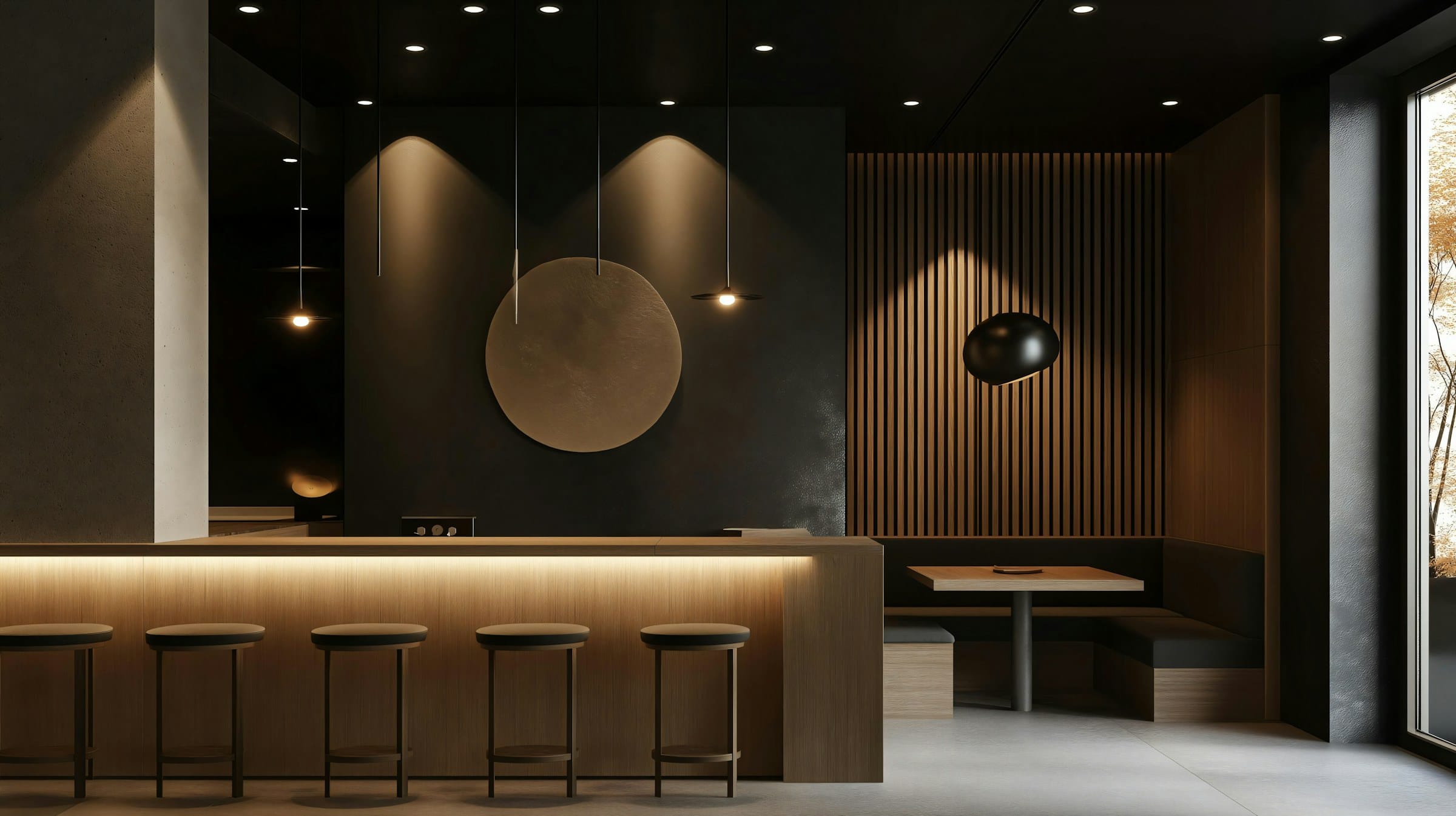 A modern commercial bar — dark wood, ambient lighting, meticulous detail.