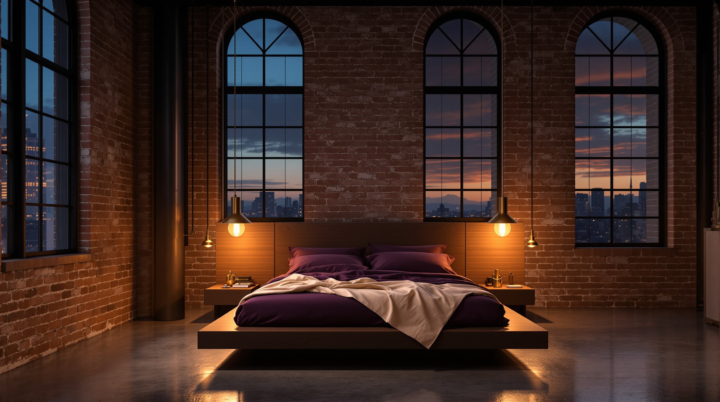 A bedroom with a low platform bed and warm wood floors.