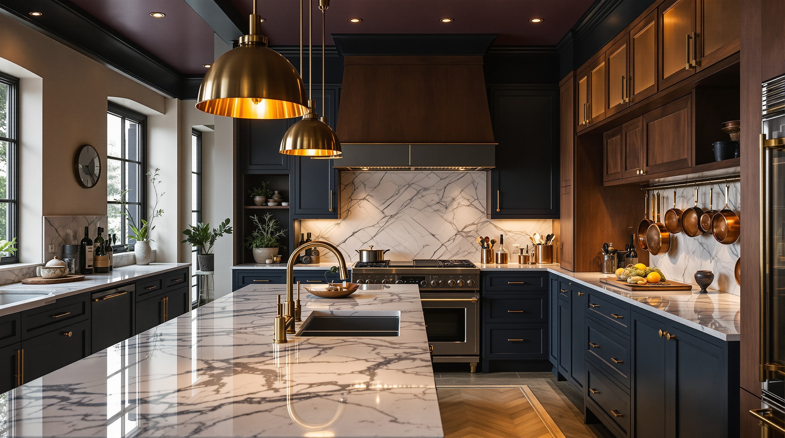A kitchen with marble counters and warm wood cabinetry.