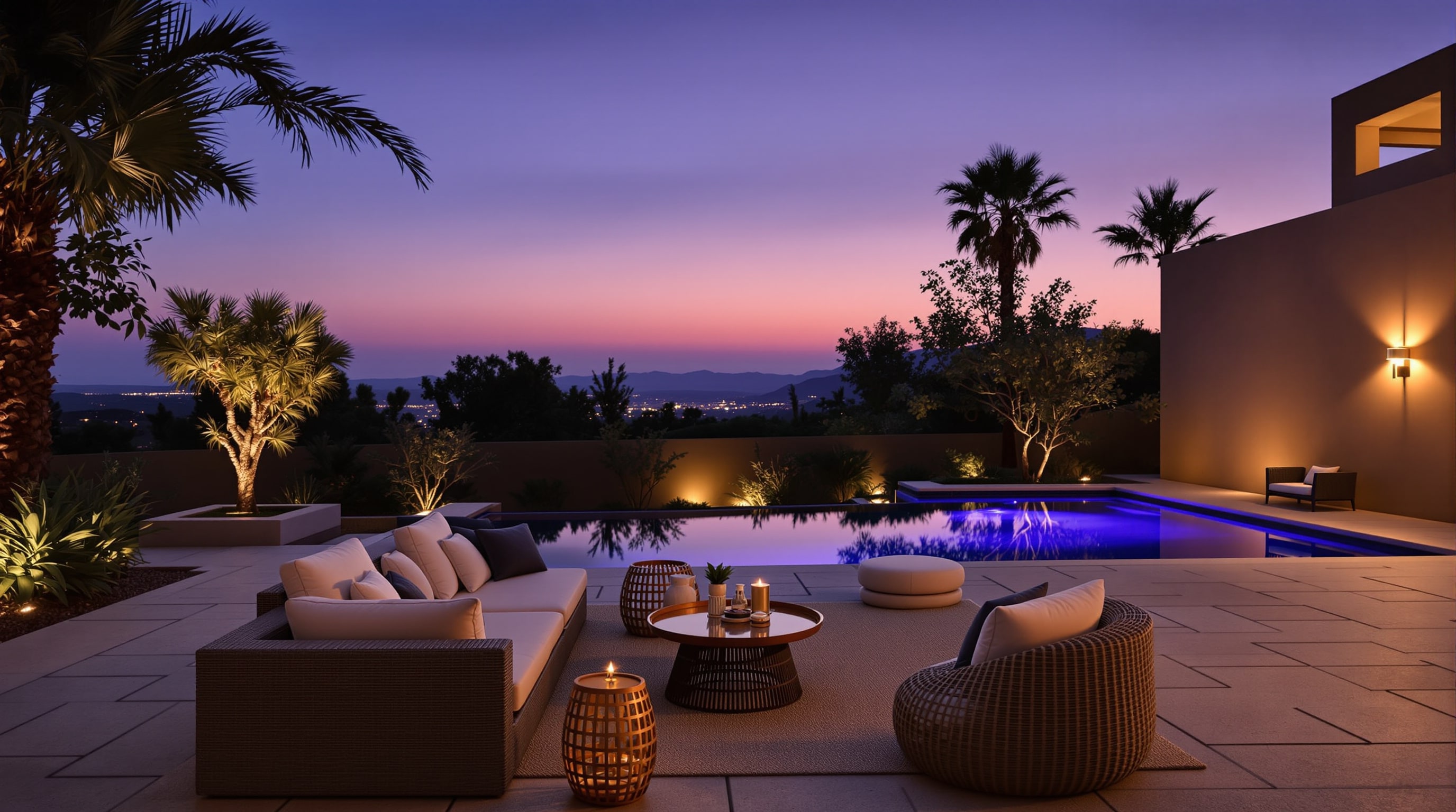 An outdoor courtyard with a wood table and woven chairs at dusk.