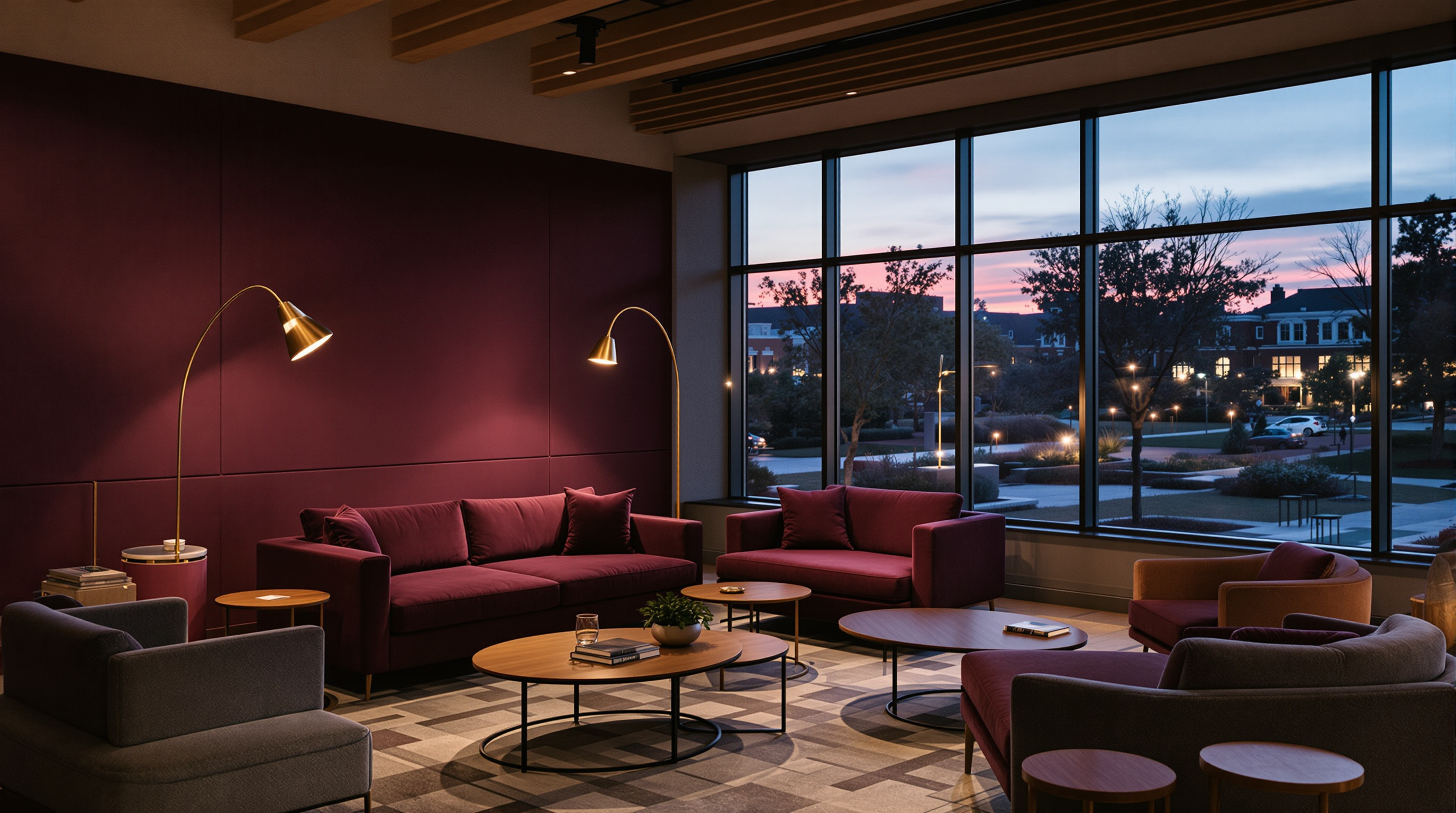 School commons — bench seating, daylight, low millwork