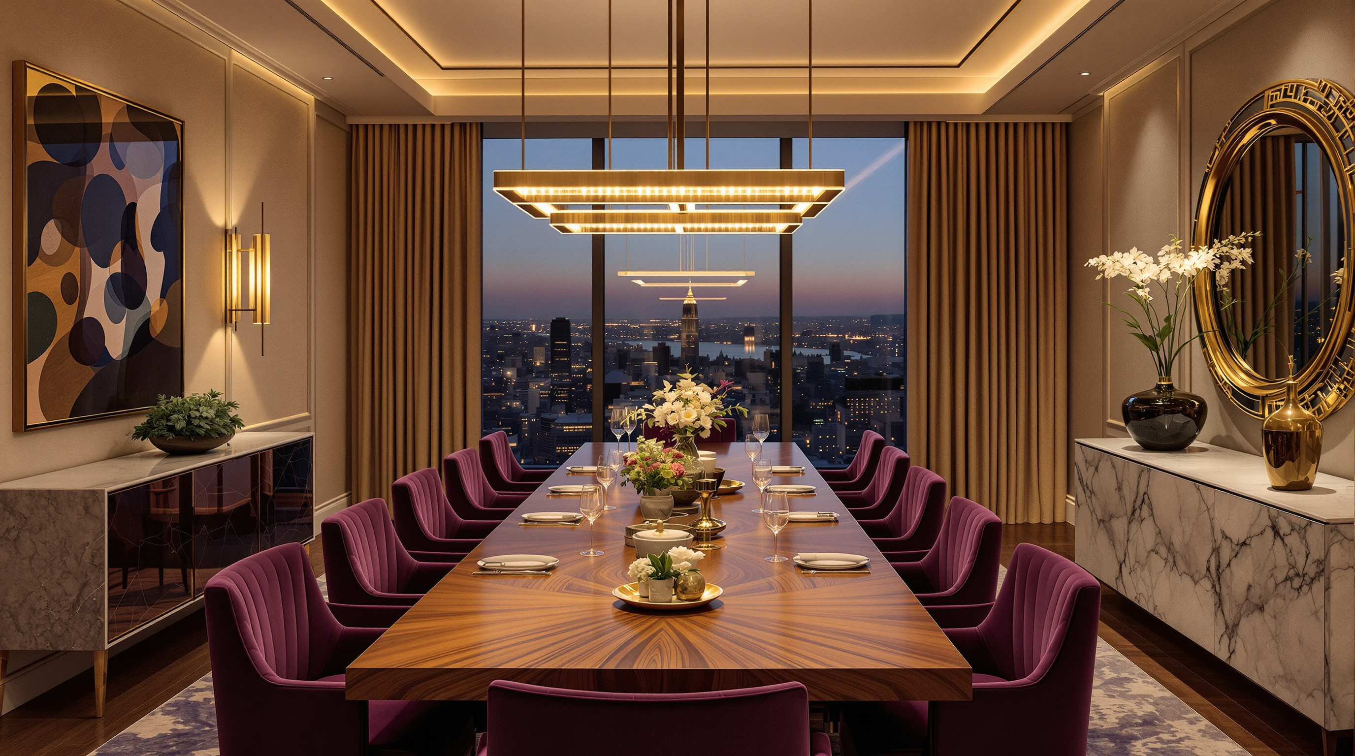 A dining room with a long marble table and pendant lighting