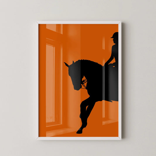 Dressage Horse and Rider Poster in Orange | Equestrian Art (available handframed or unframed)