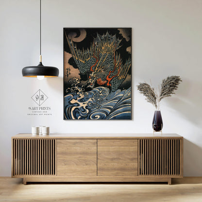 Kuniyoshi Flying Dragon Print: Vintage Japanese Woodblock Art
