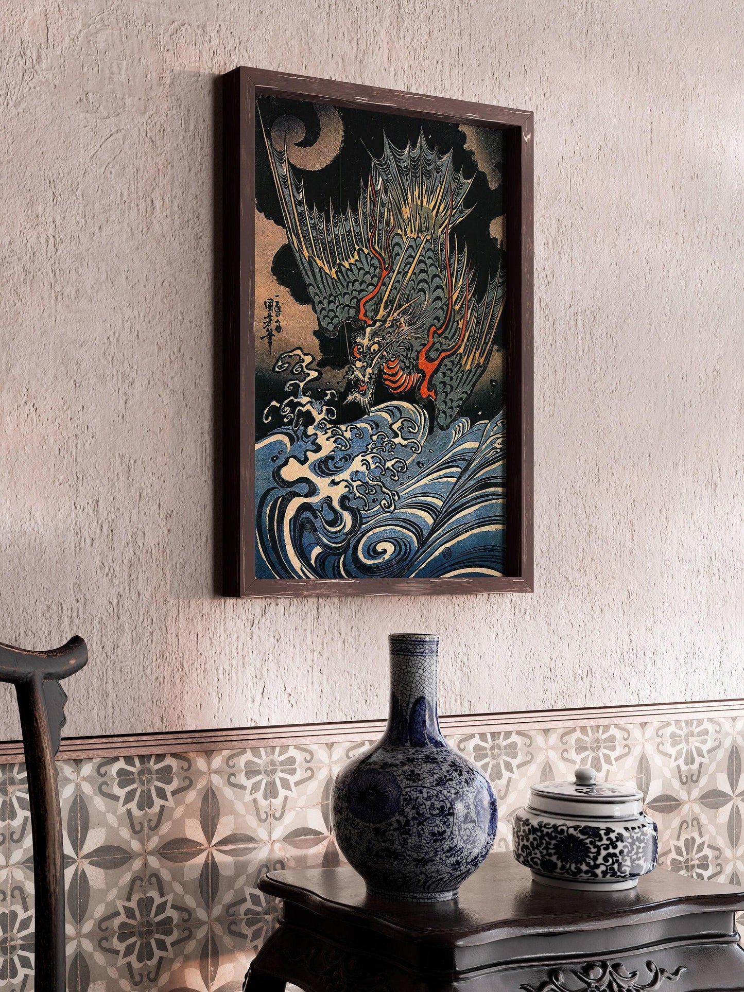 Kuniyoshi Flying Dragon Print: Vintage Japanese Woodblock Art